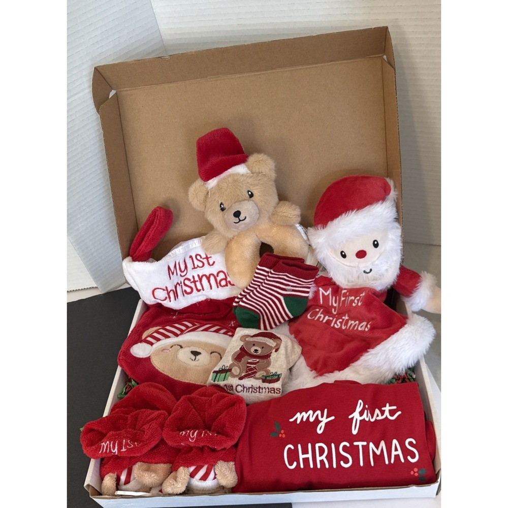 Baby's 1st Christmas Gift Basket Stocking Outfit Booties Bib Socks Lovey Rattle